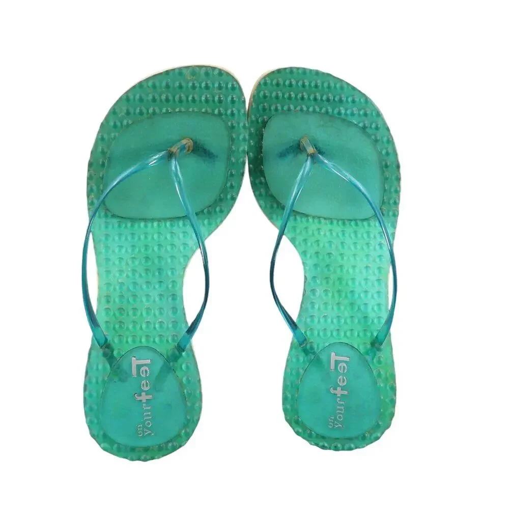 On Your Feet Womens 6.5 Sandals Retro 90's Y2k Block Heel Flip Flop Massage Blue
